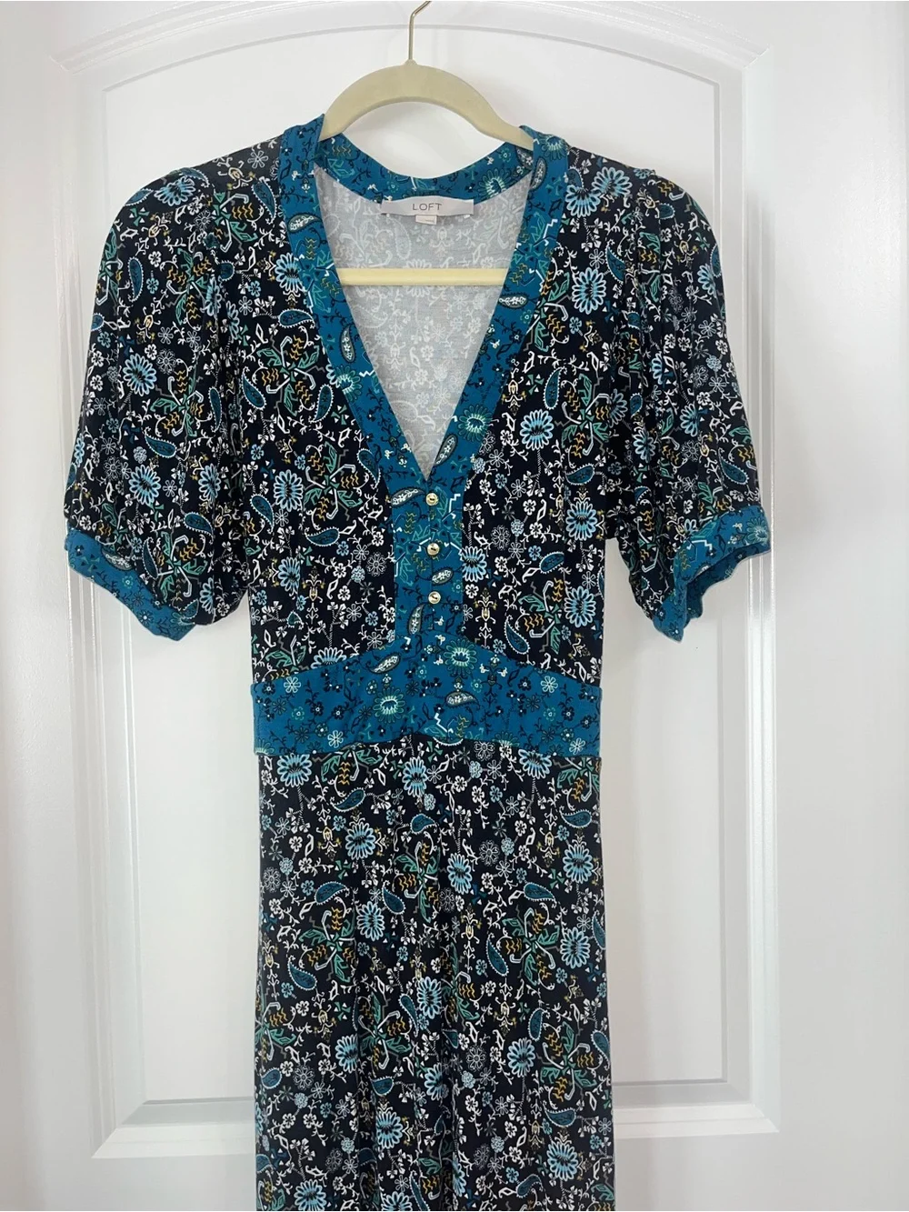 LOFT Teal Blue and Black Floral Maxi Dress Paisley Details V Neck Medium - Picture 2 of 9